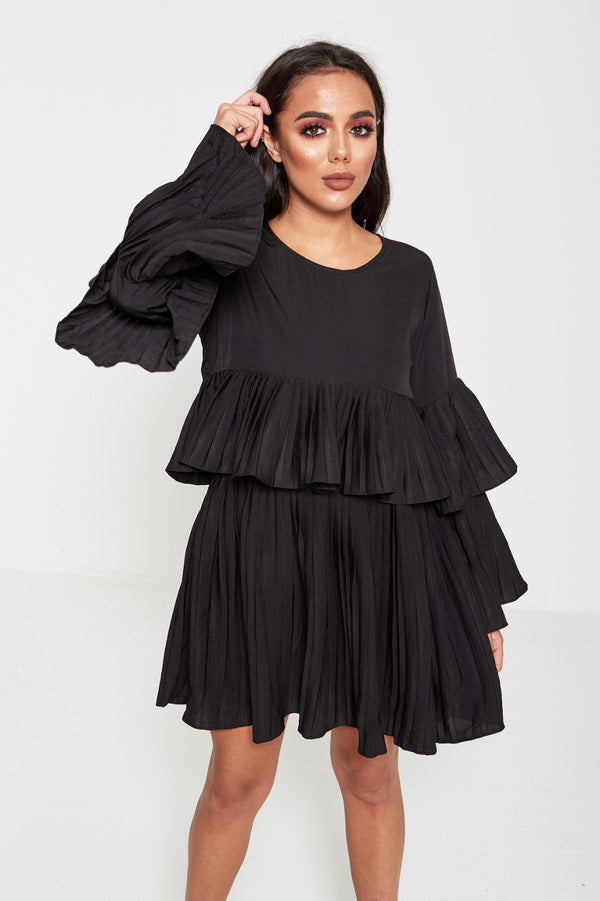Black Pleated Ruffle Mini Dress