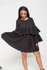 Black Pleated Ruffle Mini Dress