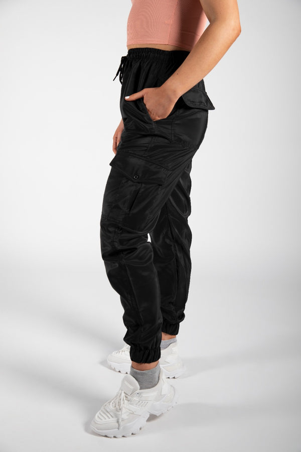 Black Cuffed Hem Shell Cargo Joggers