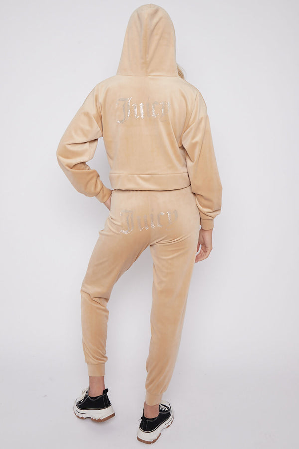 Beige Studded Juicy Print Velour Zip Up Tracksuit