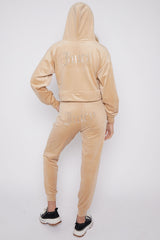 Beige Studded Juicy Print Velour Zip Up Tracksuit