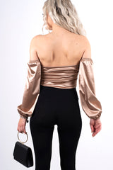 Nude silk off the shoulder tie front bodysuit