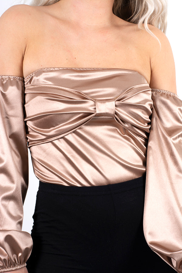 Nude silk off the shoulder tie front bodysuit