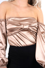 Nude silk off the shoulder tie front bodysuit