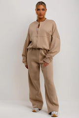 Beige Bomber Sweatshirt With Zip And Joggers Loungewear Set