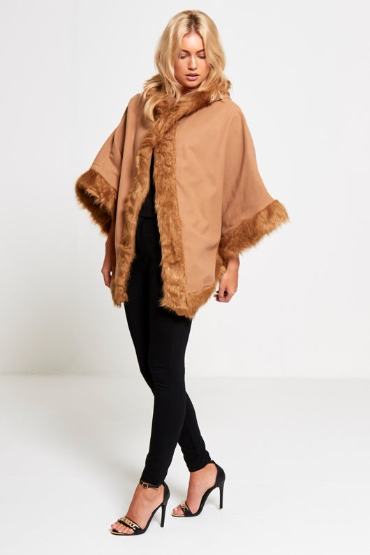 Beige Faux Fur Hooded Cape