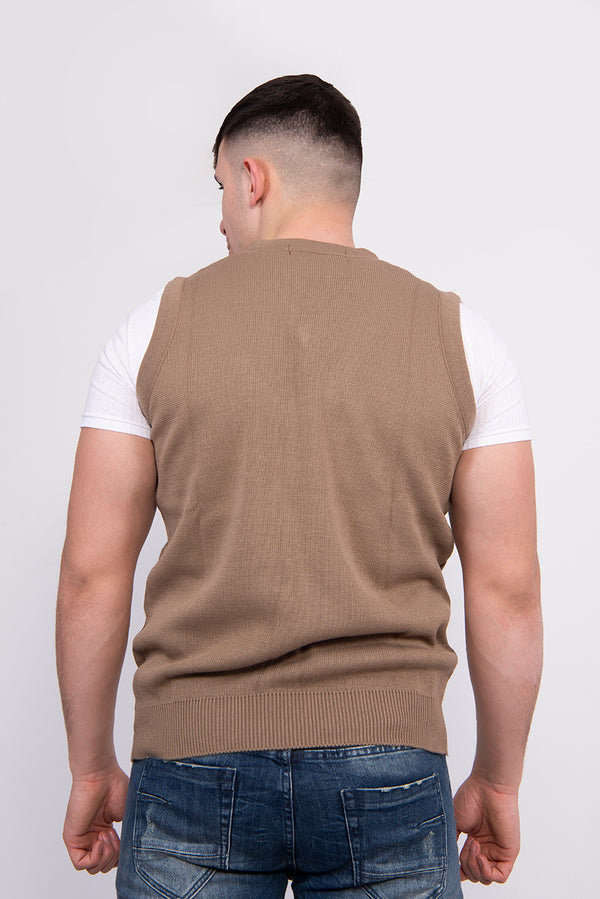 Mens Beige Navy V-Neck Sleeveless Knitted Jumper