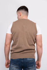 Mens Beige Navy V-Neck Sleeveless Knitted Jumper
