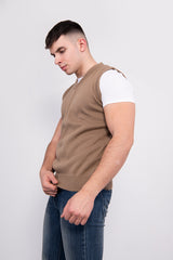 Mens Beige Navy V-Neck Sleeveless Knitted Jumper