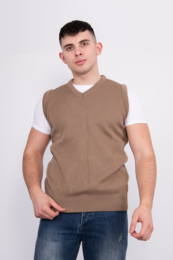 Mens Beige Navy V-Neck Sleeveless Knitted Jumper