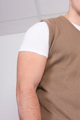 Mens Beige Navy V-Neck Sleeveless Knitted Jumper