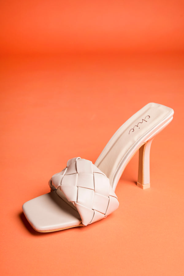 Nude Woven Front Strap Square Toe Heel 