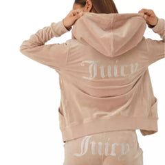 Beige Studded Juicy Print Velour Zip Up Tracksuit