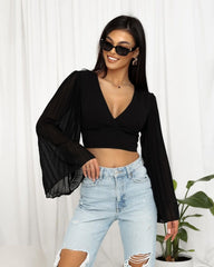 Black Backless Crop Top With Pleated Bell Sleeves