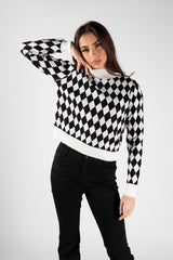Black Diamond Check Print High Neck Jumper 