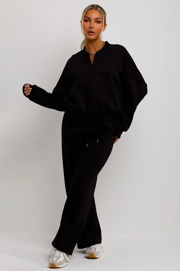 Black Bomber Sweatshirt With Zip And Joggers Loungewear Set