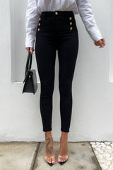 Black Button Detail High Waist Push Up Jeans