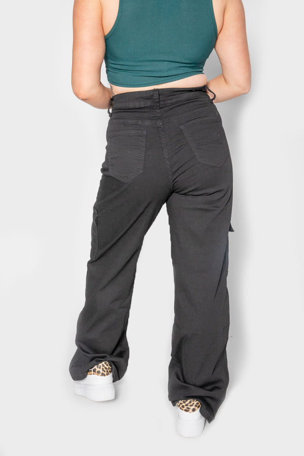 Black Wide Leg Cargo Trousers