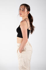 Black Strappy Detail Ribbed Crop Top-Copy