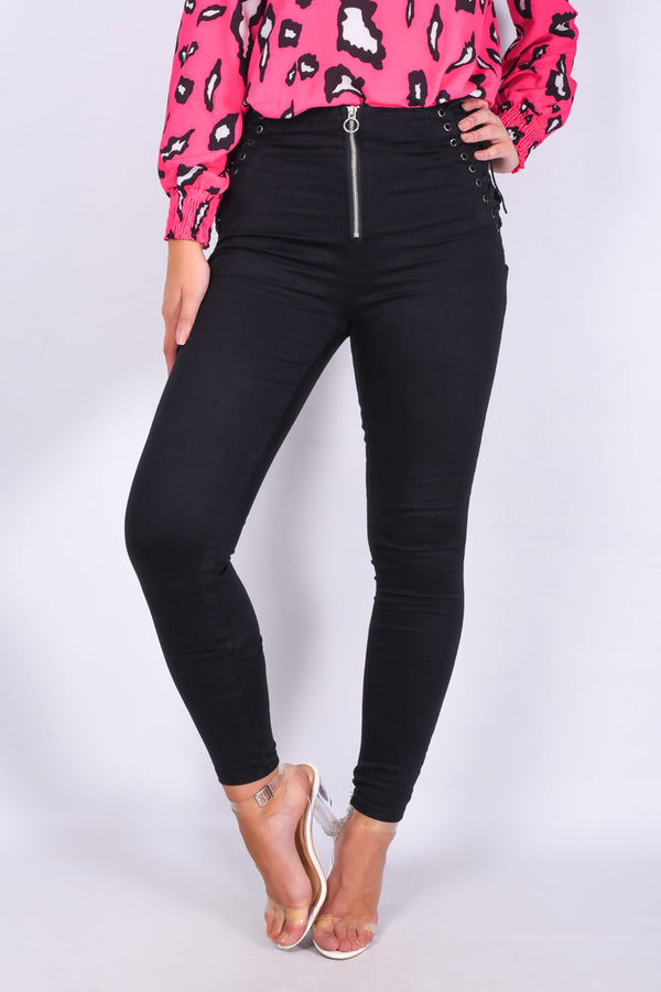 Black Denim Zip Front Lace Up Detail Skinny Jeans