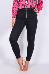 Black Denim Zip Front Lace Up Detail Skinny Jeans