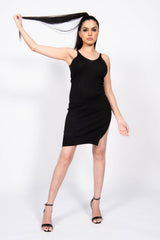 Black Ribbed Knitted Bodycon Dress With Side Split