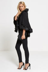 Black Faux Fur Hooded Cape  