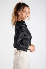 Black Faux Leather Puff Sleeve Jacket