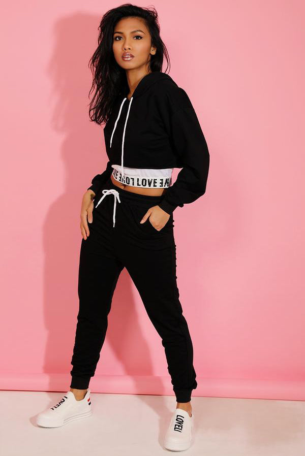 Black Love Top Crop Hoodie And Joggers 3 Piece Set