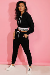 Black Love Top Crop Hoodie And Joggers 3 Piece Set