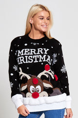 Plus Size Black Merry Christmas Reindeer Jumper