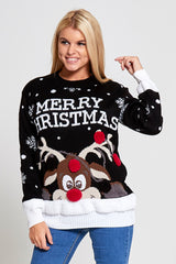 Plus Size Black Merry Christmas Reindeer Jumper