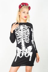 Black Petite Halloween Skeleton Long Sleeve Print T-shirt Dress
