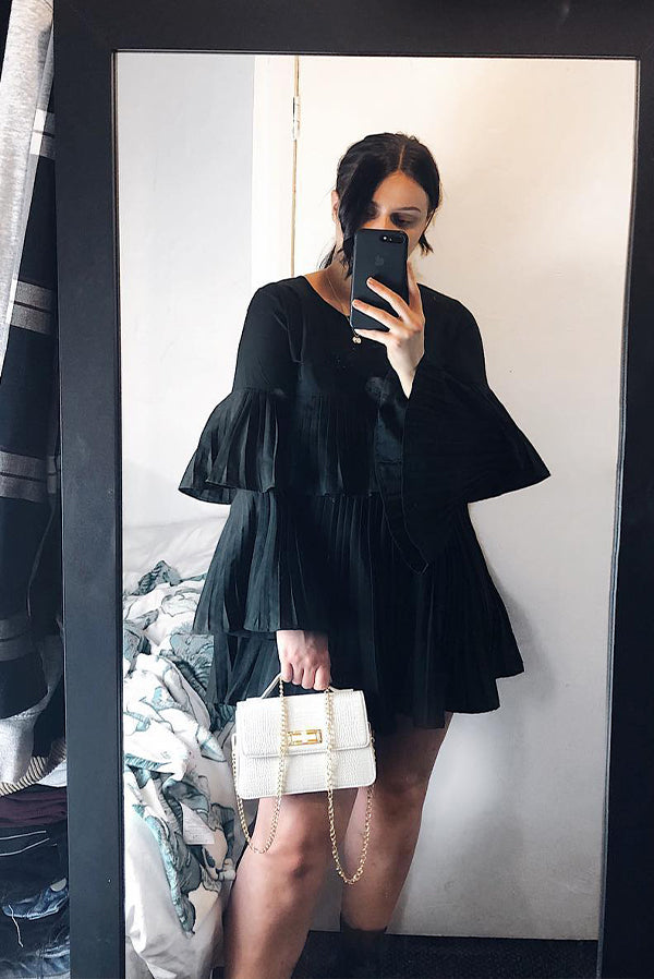 Black Pleated Ruffle Mini Dress