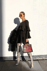 Black Pleated Ruffle Mini Dress