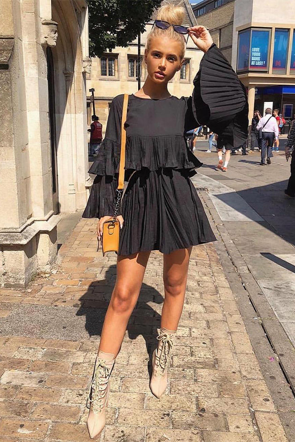 Black Pleated Ruffle Mini Dress