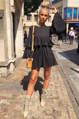 Black Pleated Ruffle Mini Dress