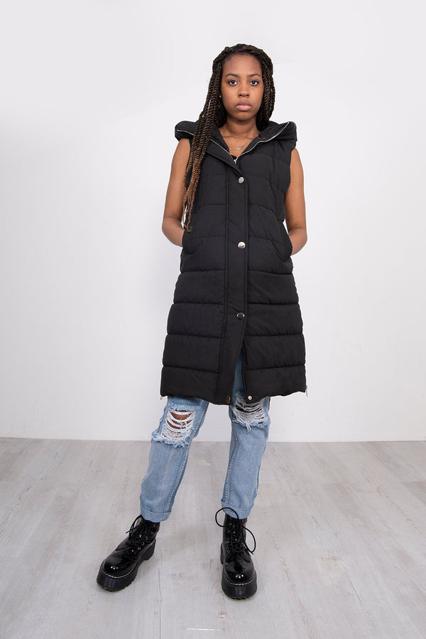 Black Longline Hooded Puffer Gilet