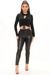 Black Ruched Keyhole Long Sleeve Top