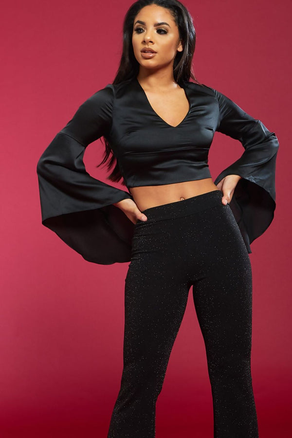 Black Satin Flared Crop Top 