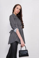 Black Printed Belted Blouse