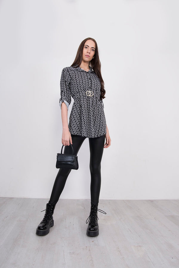 Black Printed Belted Blouse
