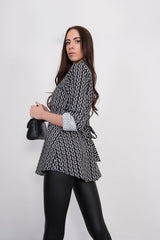 Black Printed Belted Blouse