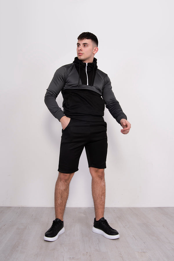 Mens Black Two Tone Half Zip Short Set 