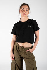 Black Cotton Smiley Face Embroidered T-Shirt