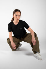 Black Cotton Smiley Face Embroidered T-Shirt