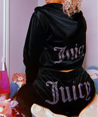 Black Studded Wide Leg Juicy Print Velour Tracksuit