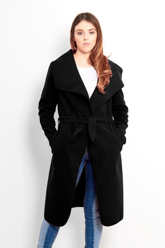 Black Tie Front Shawl Collar Coat