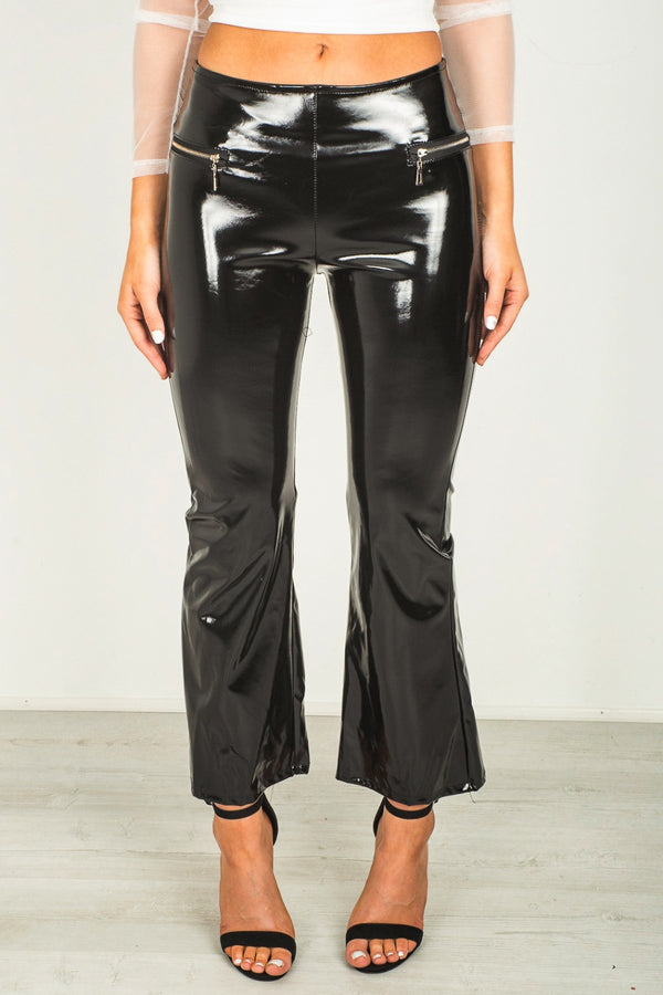 Black Vinyl Zip Detail Flare Leg Trousers