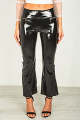 Black Vinyl Zip Detail Flare Leg Trousers
